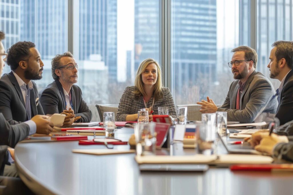 health insurance broker in Knoxville speaking to an employer in a meeting room